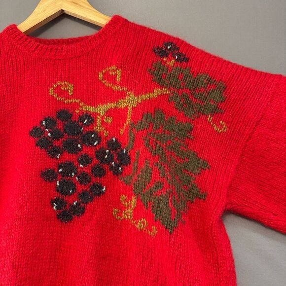 Vintage Size XL Red Sweater Round Neck Knit Style Grape Leaves Graphic - Picture 2 of 7